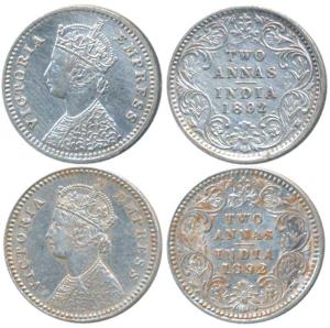 Victoria Empress, Silver 2 Annas (2), 1892, Calcutta Mint, B / II / C incuse; Bombay Mint,
