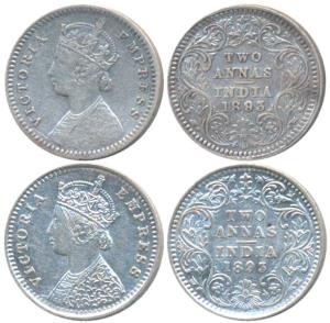 Victoria Empress, Silver 2 Annas (2), 1893, Calcutta Mint, B / II / C incuse; Bombay Mint,