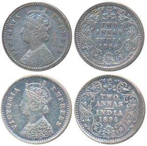Victoria Empress, Silver 2 Annas (2), 1894, Calcutta Mint, B / II / C incuse; Bombay Mint,