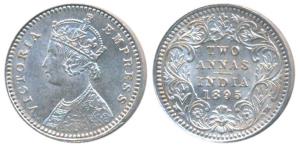 Victoria Empress, Silver 2 Annas, 1895, Calcutta Mint, B / II / C incuse, (Prid 510). Unci