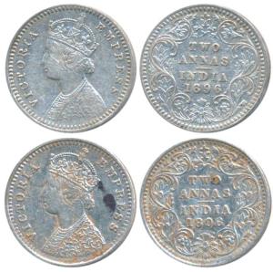 Victoria Empress, Silver 2 Annas (2), 1896, Calcutta Mint, B / II / C incuse; Bombay Mint,