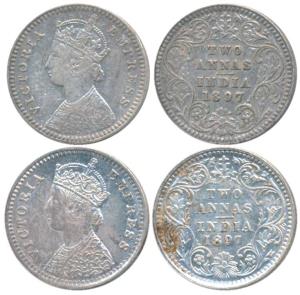 Victoria Empress, Silver 2 Annas (2), 1897, Calcutta Mint, B / II / C incuse; Bombay Mint,