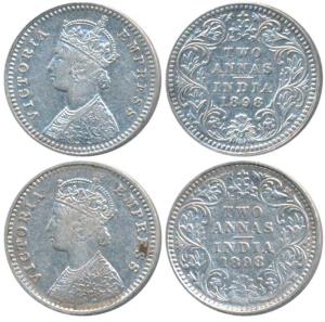 Victoria Empress, Silver 2 Annas (2), 1898, Calcutta Mint, B / II / C incuse; Bombay Mint,