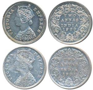 Victoria Empress, Silver 2 Annas (2), 1900, Calcutta Mint, B / II / C incuse; Bombay Mint,