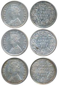Victoria Empress, Silver 2 Annas (3), 1901, Calcutta Mint, B / II / C incuse; Bombay Mint 