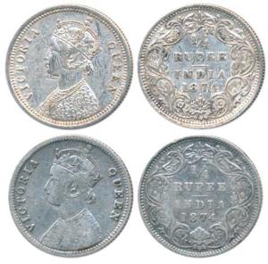 Victoria Queen, Silver ¼ Rupee, 1874 (2), Calcutta Mint, A / I / No mint mark; Bombay Mint