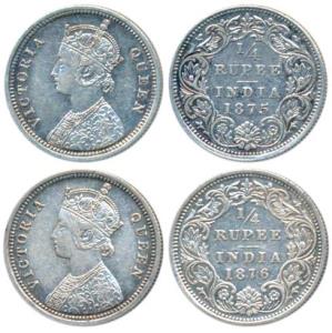 Victoria Queen, Silver ¼ Rupee (2), 1875, Calcutta Mint, A / I / No mint mark; 1876,Bombay