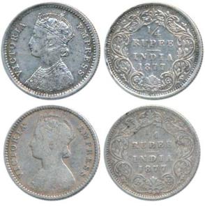 Victoria Empress, Silver ¼ Rupee, 1877 (2), Calcutta Mint, B / I / No mint mark; Bombay Mi