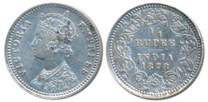 Victoria Empress, Silver ¼ Rupee, 1878, Calcutta Mint, C / II / No mint mark, (Prid 383). 