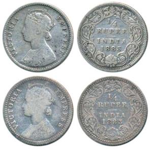 Victoria Empress, Silver ¼ Rupee (2), 1883, Calcutta Mint, C / II / C incuse, & Bombay Min