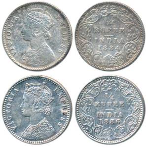 Victoria Empress, Silver ¼ Rupee (2), 1884 Bombay Mint, B / I / B raised, & 1886, Bombay M