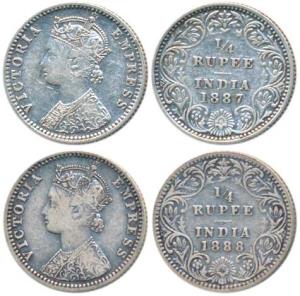 Victoria Empress, Silver ¼ Rupee, 1887, Bombay Mint, C / II / B raised, & 1888, Bombay Min