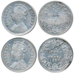 Victoria Empress, Silver ¼ Rupee (2), 1888, Calcutta Mint, C / II / No mint mark; 1890, Ca