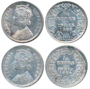 Victoria Empress, Silver ¼ Rupee (2), 1890, Bombay Mint, C / II / B incuse, Calcutta Mint,