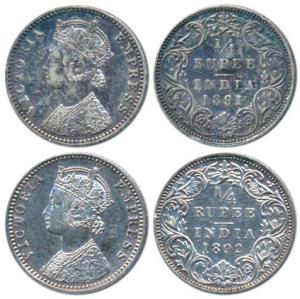 Victoria Empress, Silver ¼ Rupee (2), 1891 and 1892 both, Bombay Mint, C / I / B incuse, (