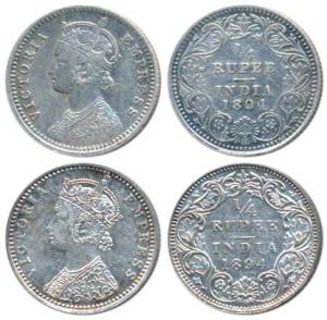 Victoria Empress, Silver ¼ Rupee (2), 1894, Calcutta Mint, C / II / C incuse; Bombay Mint,