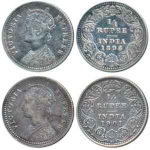 Victoria Empress, Silver ¼ Rupee (2), 1896 & 1901, both Calcutta Mint, C / II / C incuse, 