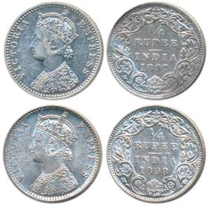 Victoria Empress, Silver ¼ Rupee (2), 1897 & 1898 both, Bombay Mint, C / I / B incuse, (Pr