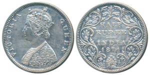 Victoria Queen, Silver ½ Rupee, 1874, Bombay Mint, B2 / II / dot, (Prid 285). Very Fine+, 