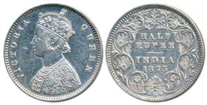 Victoria Queen, Silver ½ Rupee, 1875, Calcutta Mint, A / I / No mint mark, (Prid 260). Abo