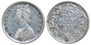 Victoria Queen, Silver ½ Rupee, 1876, Bombay Mint, B2 / II / dot, (Prid 287). About Extrem