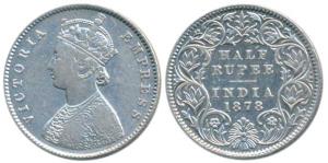 Victoria Empress, Silver ½ Rupee, 1878, Calcutta Mint, A / I / No mint mark, (Prid 262). A