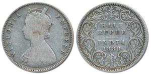 Victoria Empress, Silver ½ Rupee, 1880, Calcutta Mint, A / I / C incuse, (Prid 264). Fine+