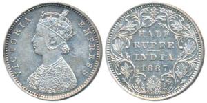 Victoria Empress, Silver ½ Rupee, 1887, Bombay Mint, A / II / B raised, (Prid 296). Extrem
