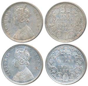 Victoria Queen, Silver Rupee (2), 1876, Calcutta Mint, A1 / I / No mint mark, (Prid 114). 
