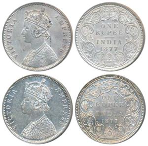 Victoria Empress, Silver Rupee (2), 1877, Calcutta Mint, A1 / I / No mint mark, (Prid 115)
