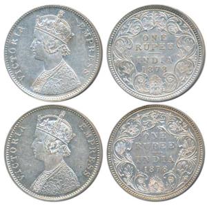 Victoria Empress, Silver Rupee (2), 1878, Calcutta Mint, A1 / I / No mint mark, (Prid 116)