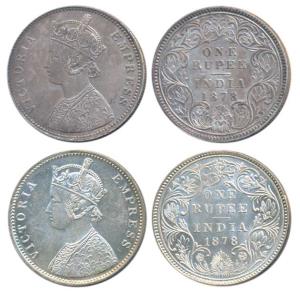 Victoria Empress, Silver Rupee (2), 1878, Calcutta Mint, A1 / I / No mint mark, (Prid 116)