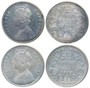 Victoria Empress, Silver Rupee (2), 1879, Calcutta Mint, A1 / I / C incuse, (Prid 117) & B