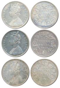 Victoria Empress, Silver Rupee (3), 1880, Bombay Mint; A3 / II / dot (Prid 155); A3 / IV /