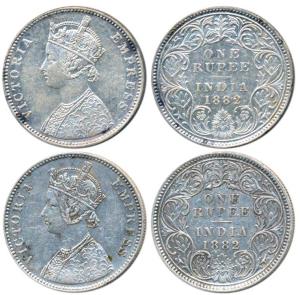 Victoria Empress, Silver Rupee (2), 1882, Calcutta Mint, A1 / I / C incuse; Bombay Mint, A