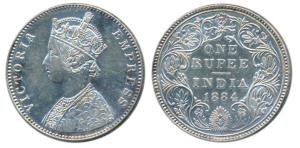 Victoria Empress, Silver Rupee, 1884, Bombay Mint, A3 / II Bottom B raised (Prid 166). Cle