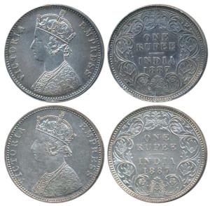 Victoria Empress, Silver Rupee (2), 1887, Calcutta Mint, C3 / I / C incuse (Prid 128); Bom