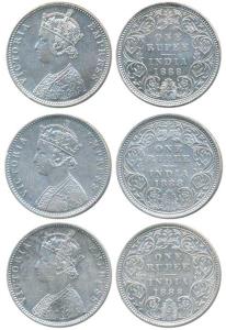 Victoria Empress, Silver Rupee (3), 1888, Calcutta Mint, C3 / I / C incuse; Bombay Mint, C