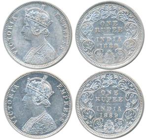Victoria Empress, Silver Rupee (2), 1889, Calcutta Mint, C3 / I / C incuse, (Prid 130) & B
