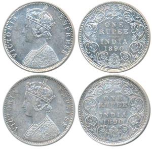 Victoria Empress, Silver Rupee (2), 1890, Calcutta Mint, C3 / I / C incuse; Bombay Mint, C