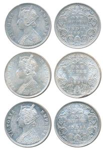 Victoria Empress, Silver Rupee (3), 1891, Calcutta Mint, C3 / I / C incuse (2); Bombay Min