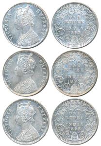 Victoria Empress, Silver Rupee (3), 1892, Calcutta Mint, C3 / I / C incuse (2); Bombay Min