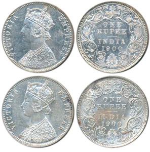 Victoria Empress, Silver Rupee (2), 1900, Calcutta Mint, C3 / I / C incuse; Bombay Mint, A