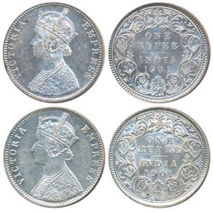 Victoria Empress, Silver Rupee (2), 1901, Calcutta Mint, C3 / I / C incuse; Bombay Mint, C