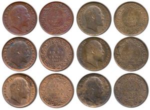 Edward VII, Copper and Bronze 1/12th Anna, 1903, 1904, 1905, 1907, 1908, 1909, all Calcutt