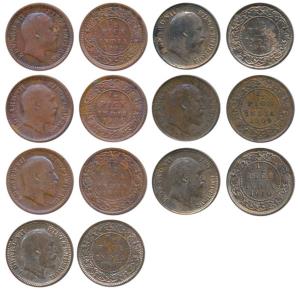 Edward VII, Copper and Bronze ½ Pice, 1903,1904,1905,1907,1908,1909,1910, All Calcutta Min