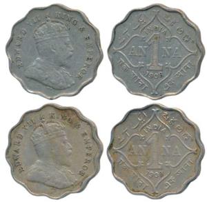 Edward VII, Cupro-Nickel Anna (2), 1908 & 1909, both, Bombay Mint, B incuse, (Prid 927 & 9