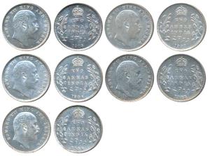 Edward VII, Silver 2 Annas (5), 1903, Calcutta Mint, (Prid 556); 1904, Calcutta Mint, (Pri