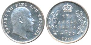 Edward VII, Silver 2 Annas, 1910, Bombay Mint, dot on the vine at 5 o’clock, Unlisted in P