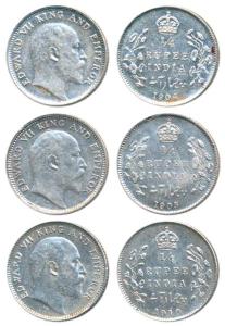 Edward VII, Silver ¼ Rupee (3), 1904, 1905, 1910, Calcutta Mint, (Prid 433,434 & 439). Ext